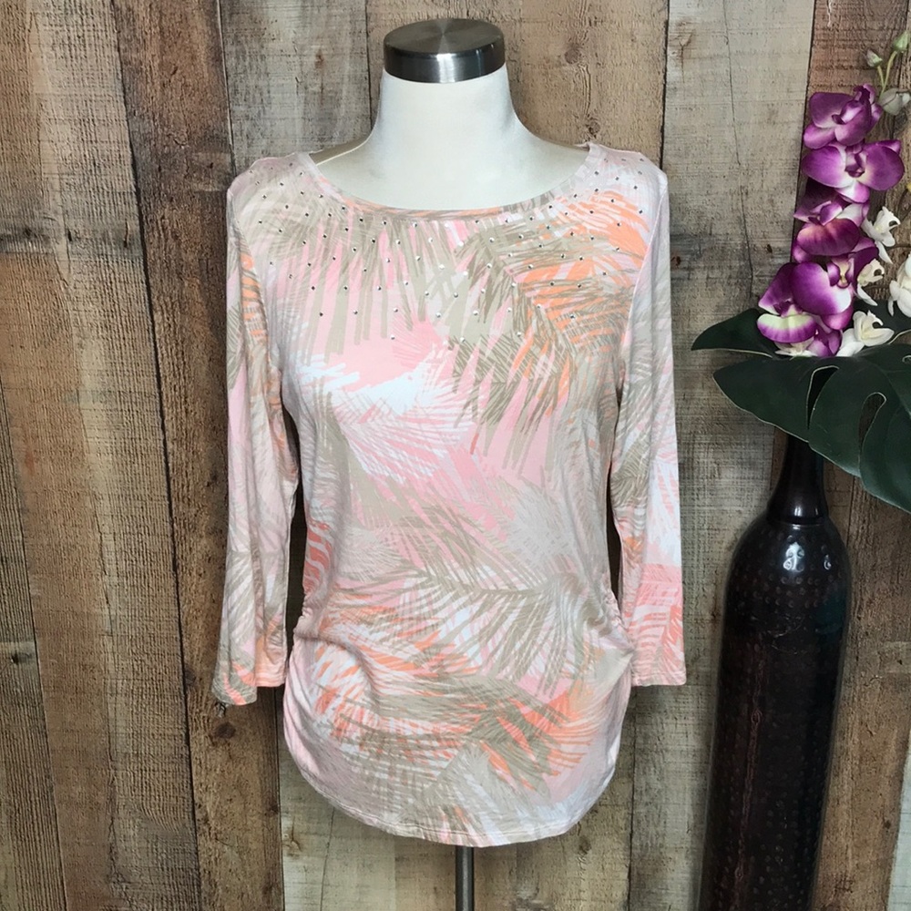 3/$15Tropical Embellished Top Side Ruching Coral Ruby Rd Small